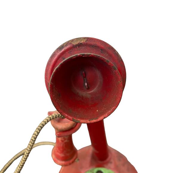 Vintage Tin Candlestick Telephone Toy Child Phone Wood Red Antique READ - Picture 7 of 14